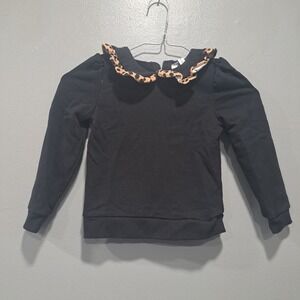 Janie and Jack Girls Black Sweatshirt Leopard Ruffle Peter Pan Collar Size 5